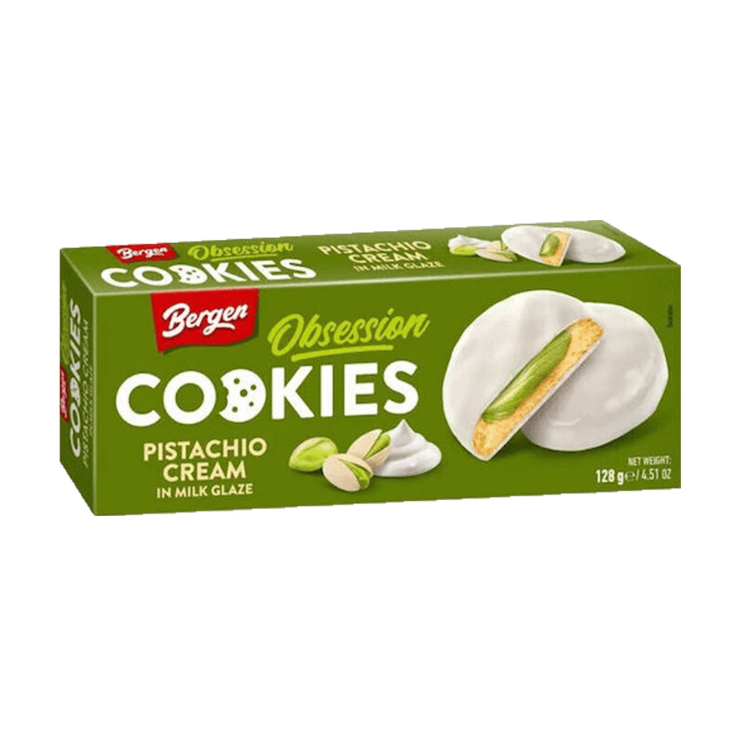 bergen obsession pistachio white cream milk glaze cookie 128g x18 bergen obsession pistachio white cream milk glaze cookie 128g x18