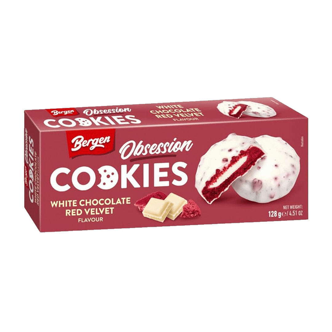 bergen obsession white chocolate red velvet cookies 128g x18 bergen obsession white chocolate red velvet cookies 128g x18